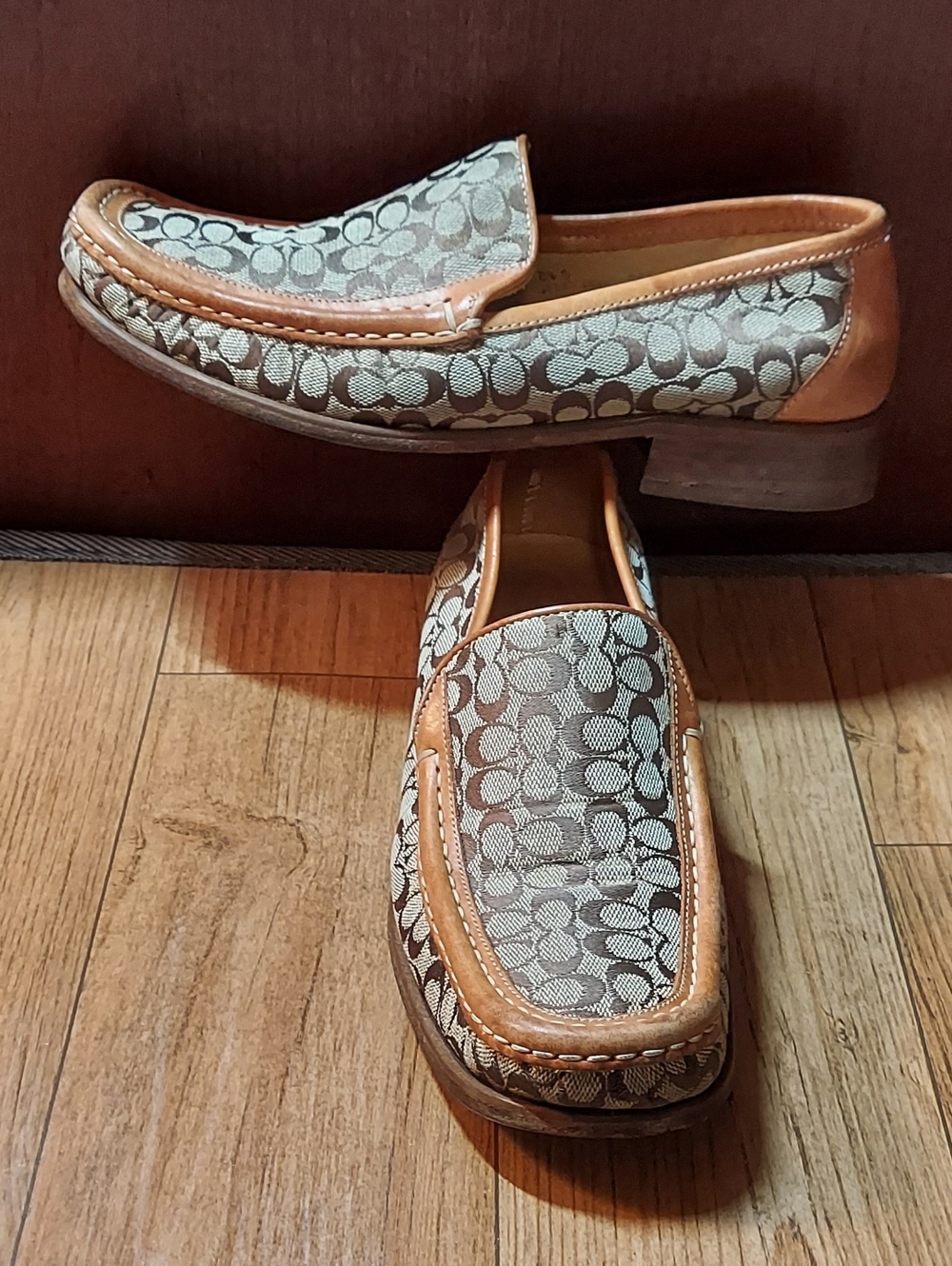COACH VANCE J293 WOMENS TAN LEATHER & LOGO CANVAS LOAFERS SIZE 8.5 B MADE ITALY